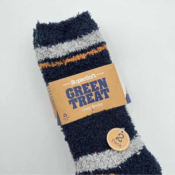 Green Treat Super Soft Blue Grey Striped Cozy Socks 2 Pairs Men’s Size 8-12 - Picture 2 of 4